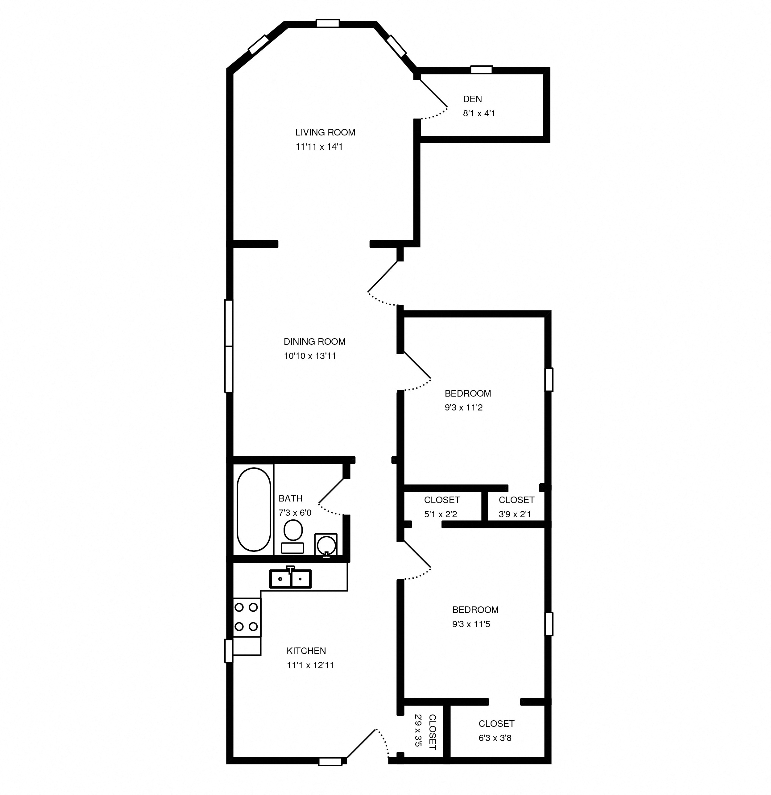 Floor plan for 2 beds, 1 bath, 809 sqft